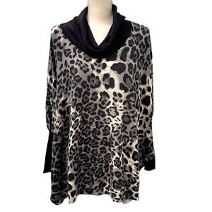FEVER BLACK LEOPARD PRINT COWL NECK PONCHO